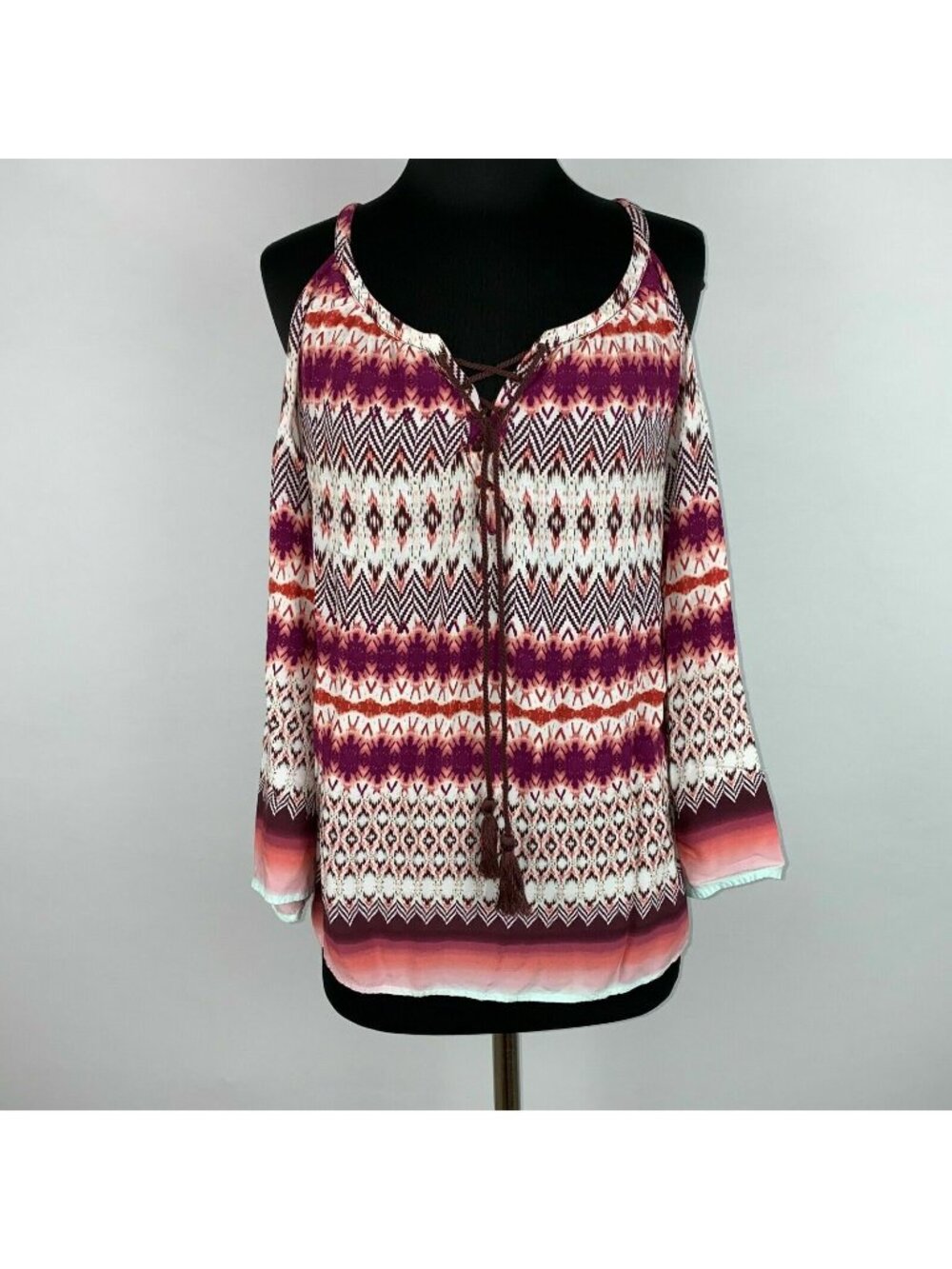 Jessica Simpson Blouse Womens M Cold Shoulder Flare Sleeve Peasant Aztec Tribal